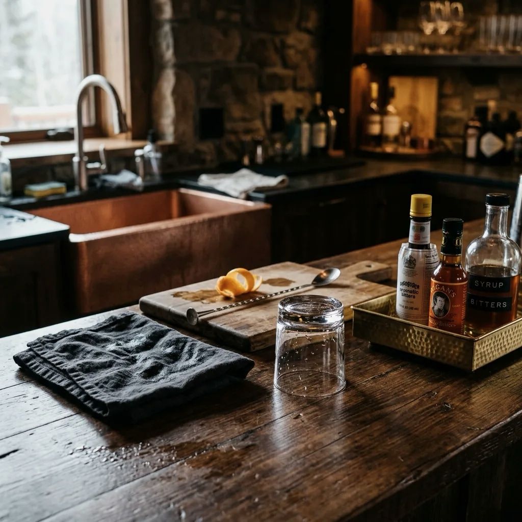 After-hosting old fashioned cleanup with a rinsed glass, towel, citrus, and bar tools.