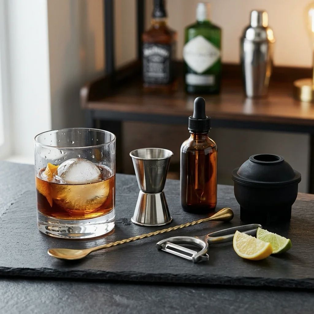 A vetted old fashioned source kit with glassware, jigger, spoon, bitters, citrus peeler, ice mold, and bottle.
