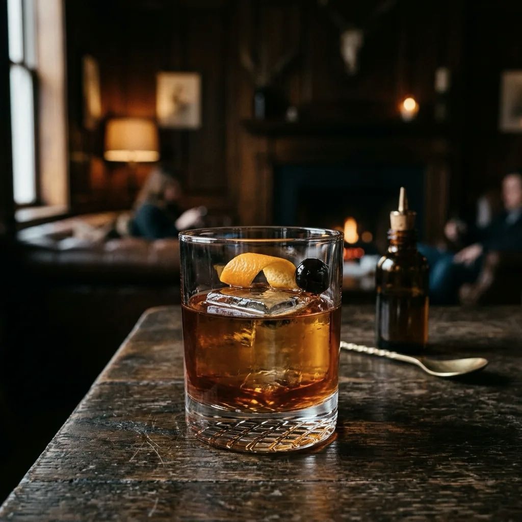 An old fashioned in a heavy rocks glass with orange peel.