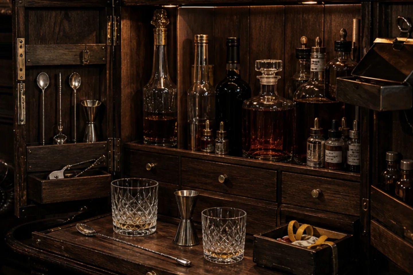 A useful shelf of bourbon bottles on an oak bar.
