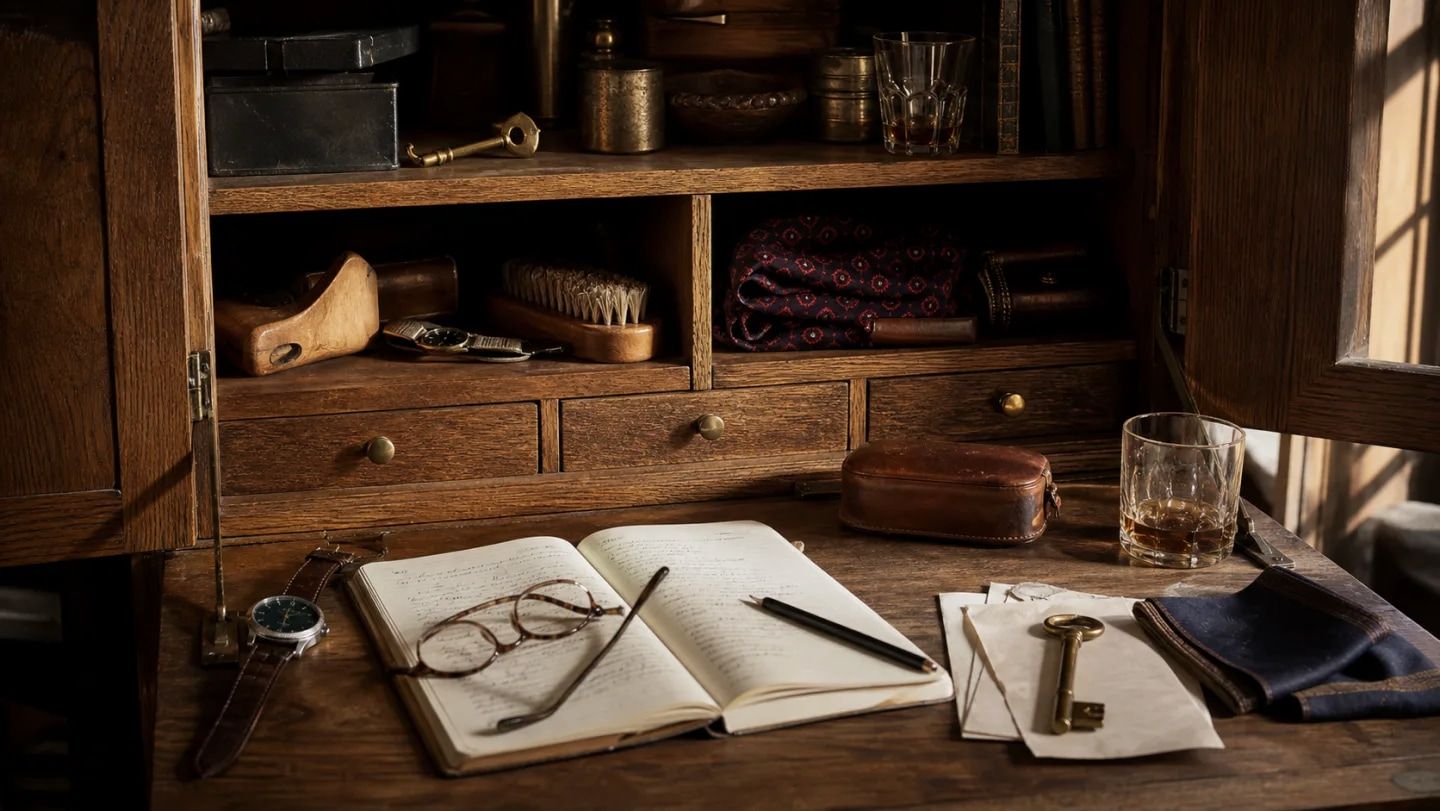 An oak cabinet holding useful inherited objects, field notes, and repair tools.