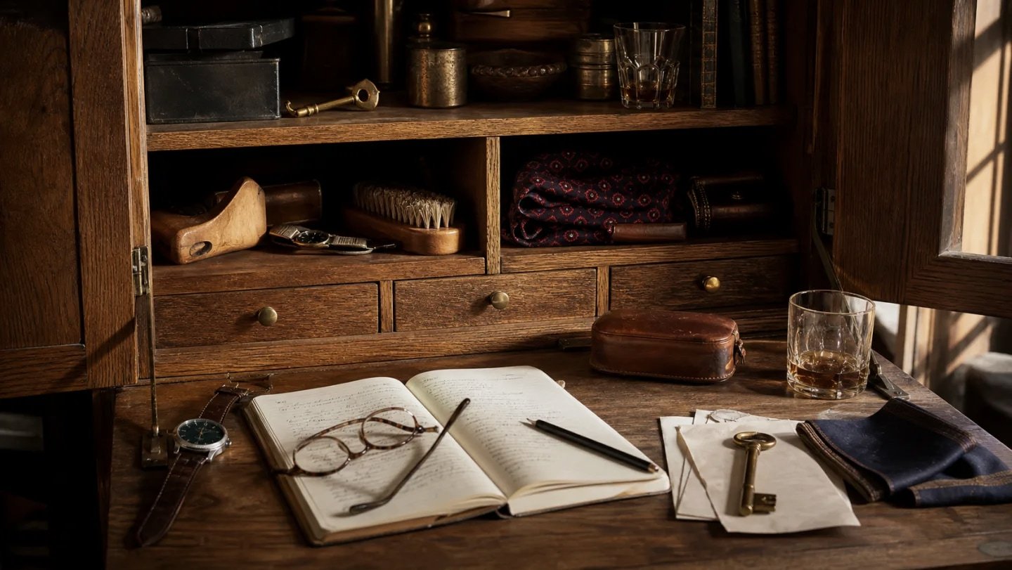 An oak cabinet holding useful inherited objects, field notes, and repair tools.
