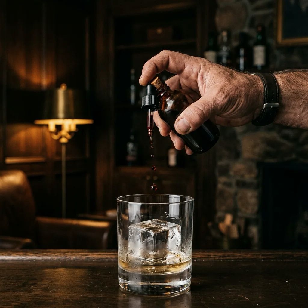 Bitters being dashed into an old fashioned without visible branding.