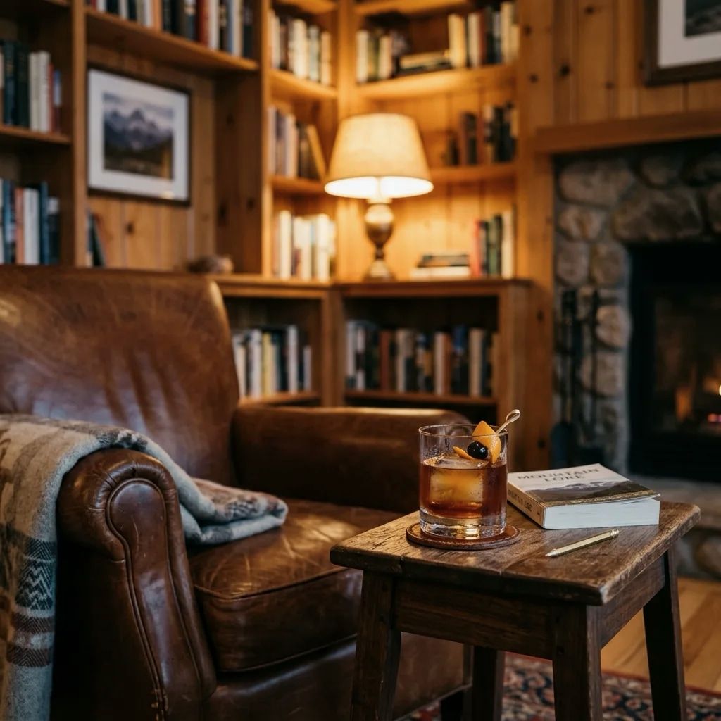 Finished old fashioned resting on a side table near a leather chair.