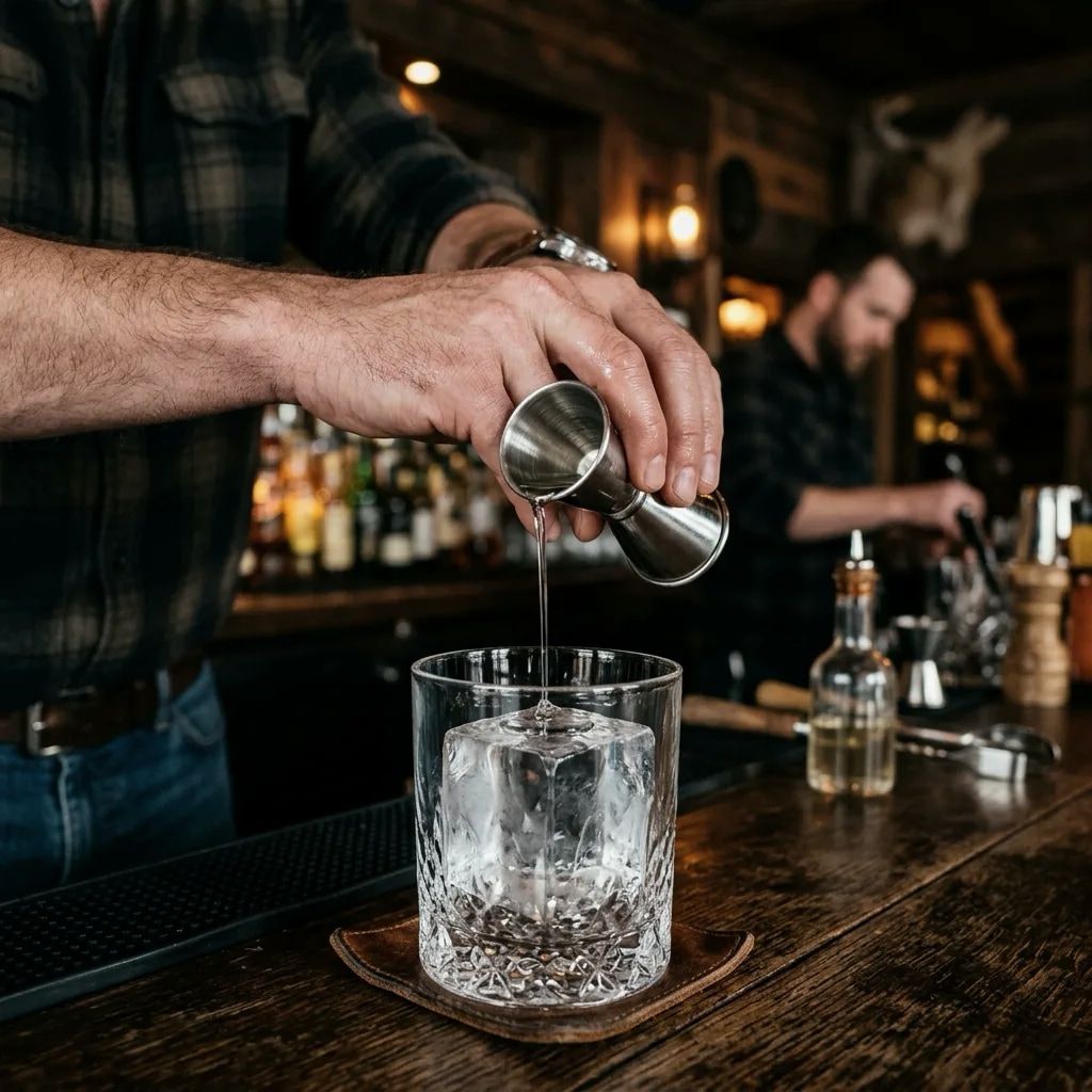 Restrained syrup measurement for an old fashioned.