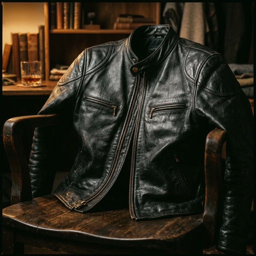 Editorial study of leather jacket for the QuarterMaster weather the road cabinet.