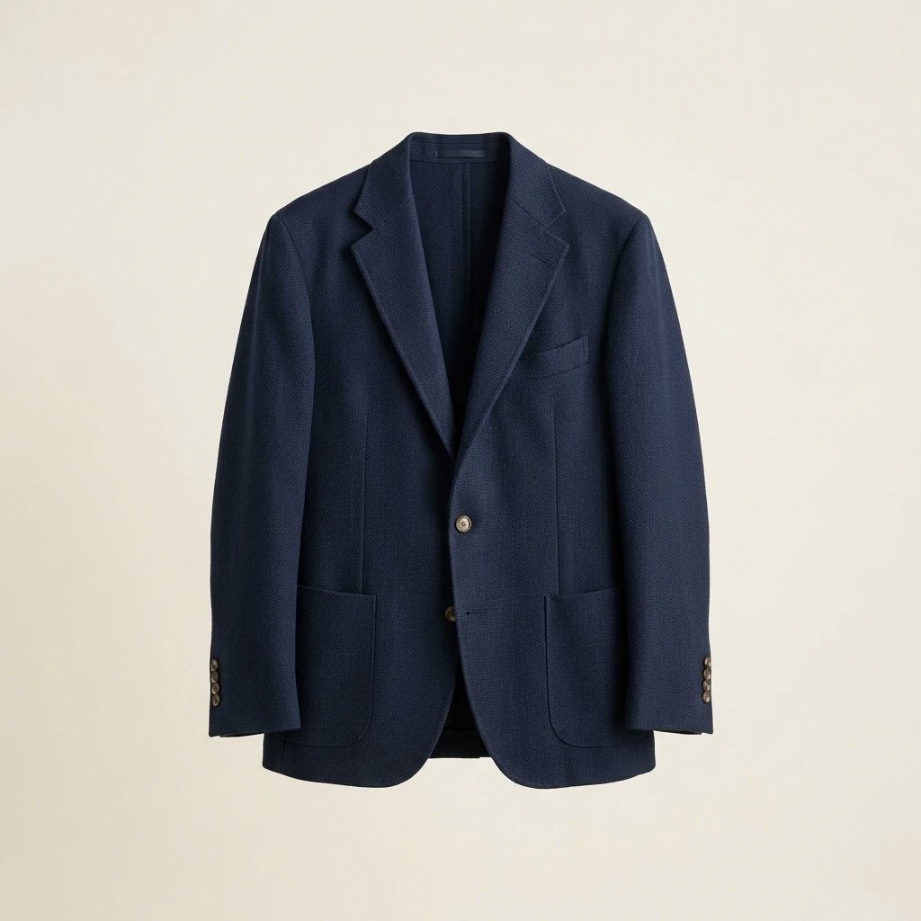 A soft navy wool sport coat product study.