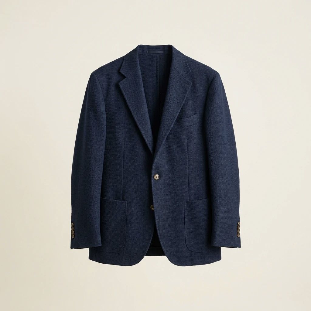 A soft navy wool sport coat product study.