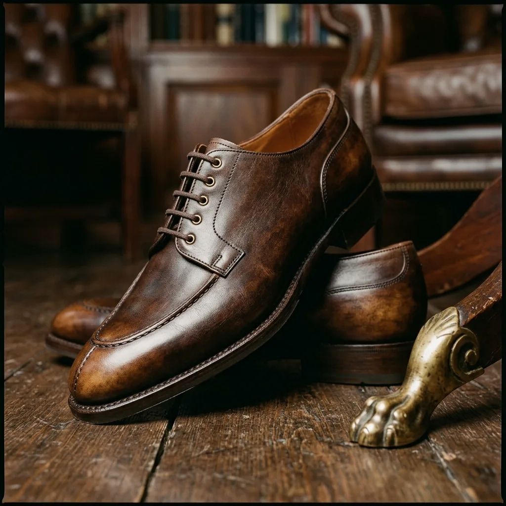 A plain brown leather derby shoe shown against a neutral background.