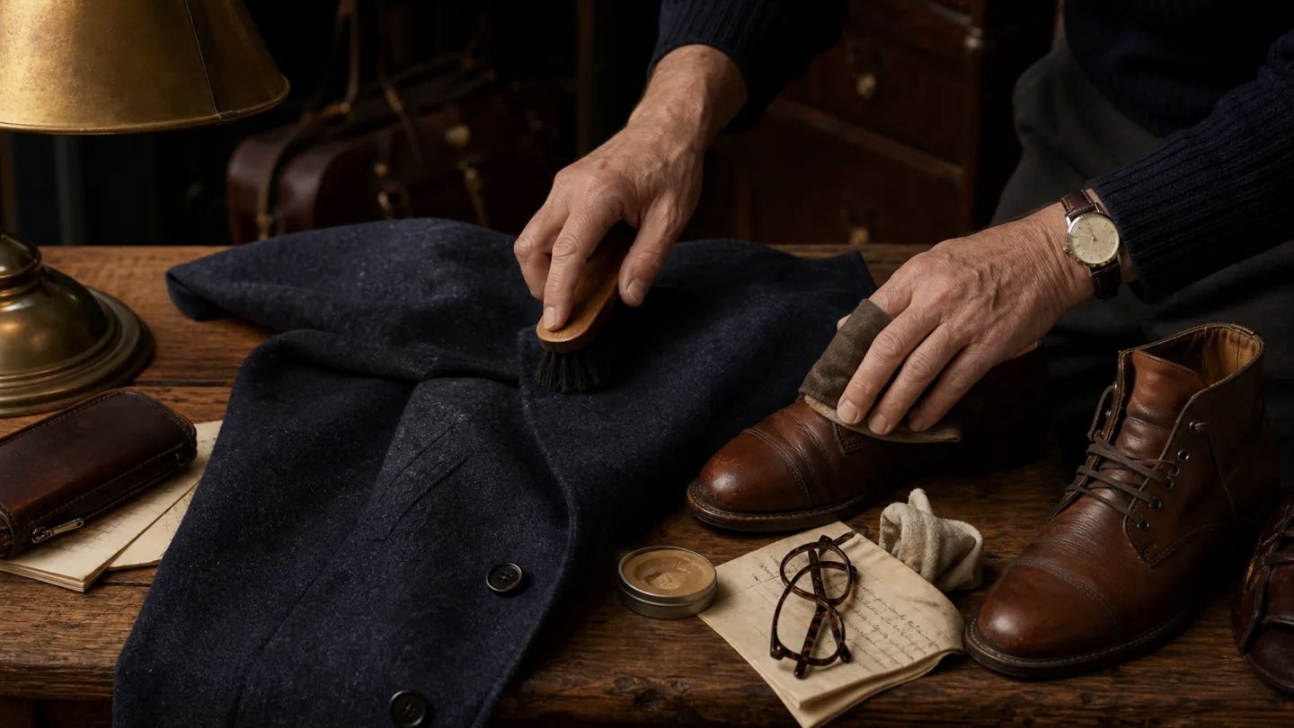 A jacket and pair of shoes on a repair table, ready for care.