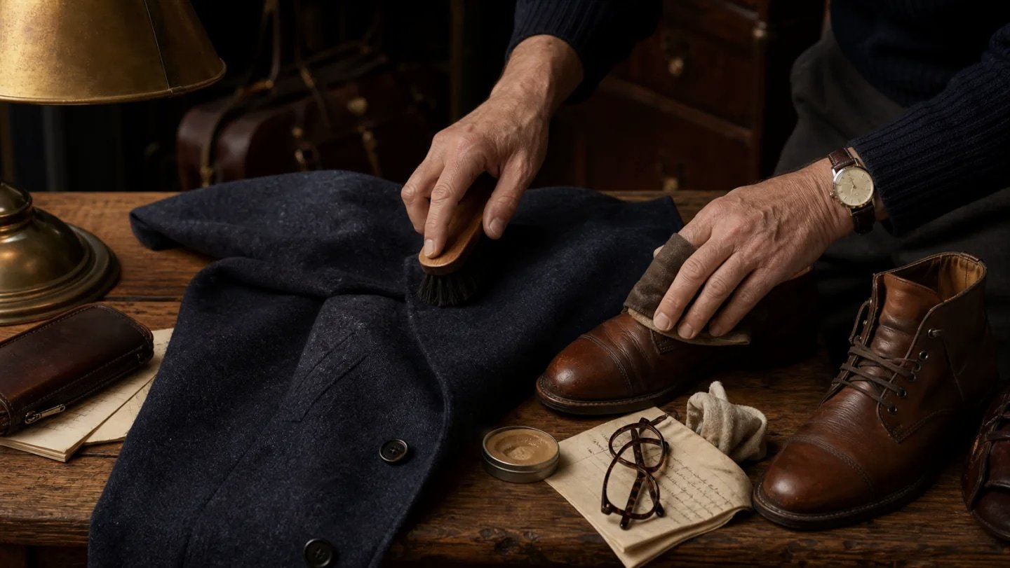 A jacket and pair of shoes on a repair table, ready for care.