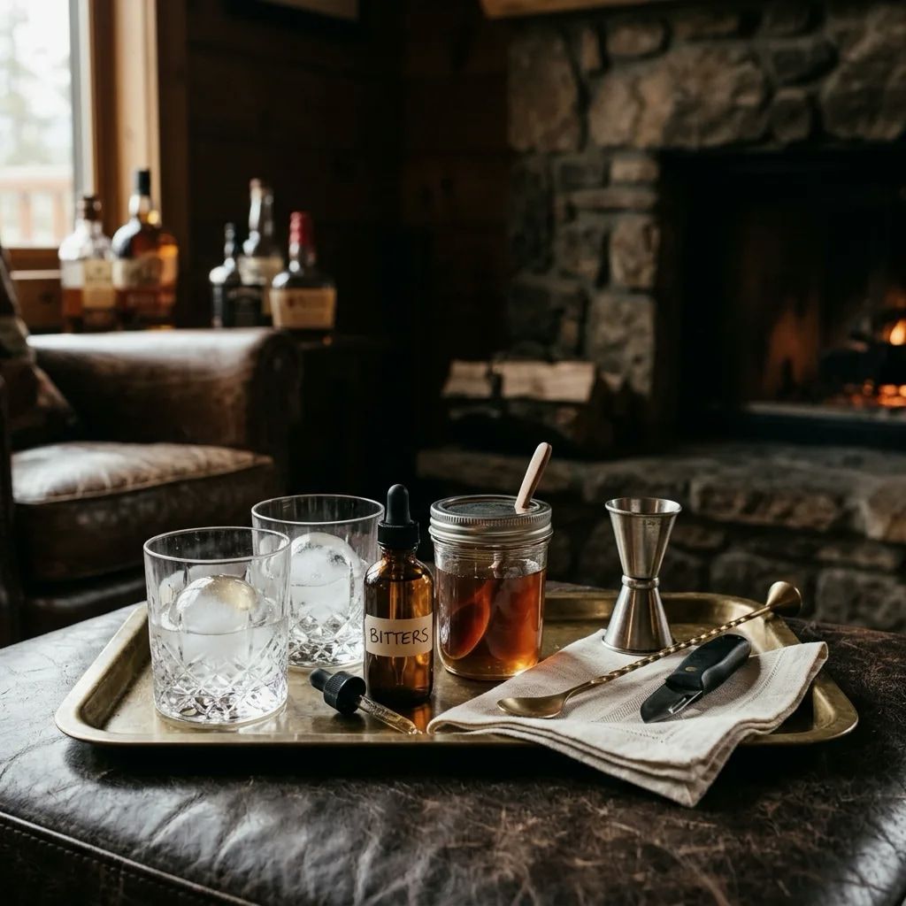 Prepared home bar tray with bitters, syrup, citrus peeler, spoon, jigger, napkin, and rocks glasses.