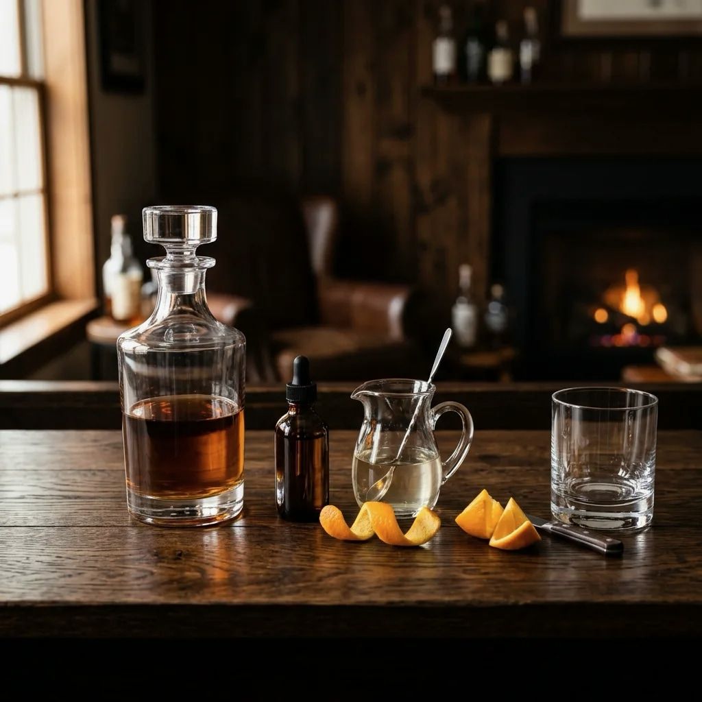 Unbranded old fashioned ingredients arranged with whiskey, bitters, sugar, citrus, and a rocks glass.