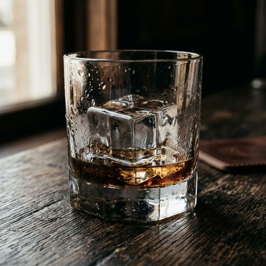 Close detail of a heavy rocks glass with a large clear ice cube.