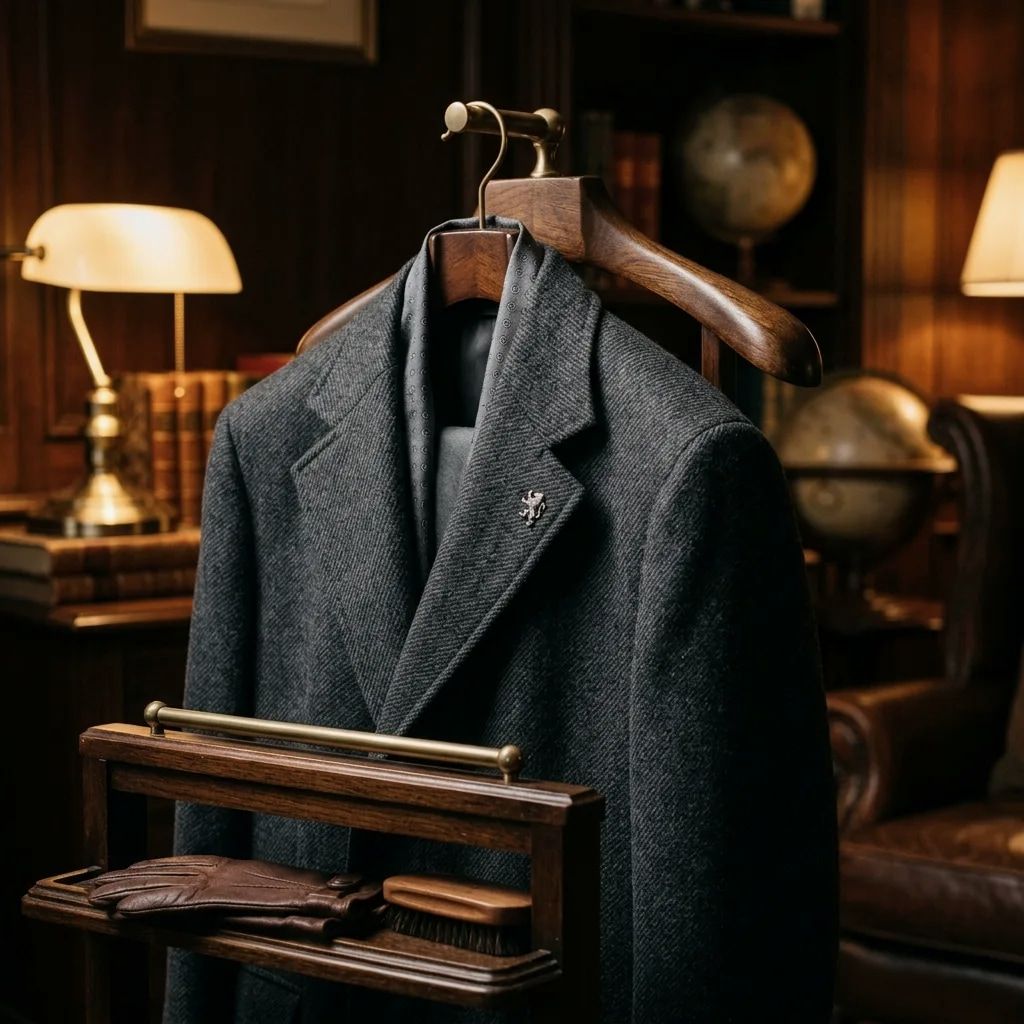 Editorial study of tailored topcoat for the QuarterMaster weather the road cabinet.