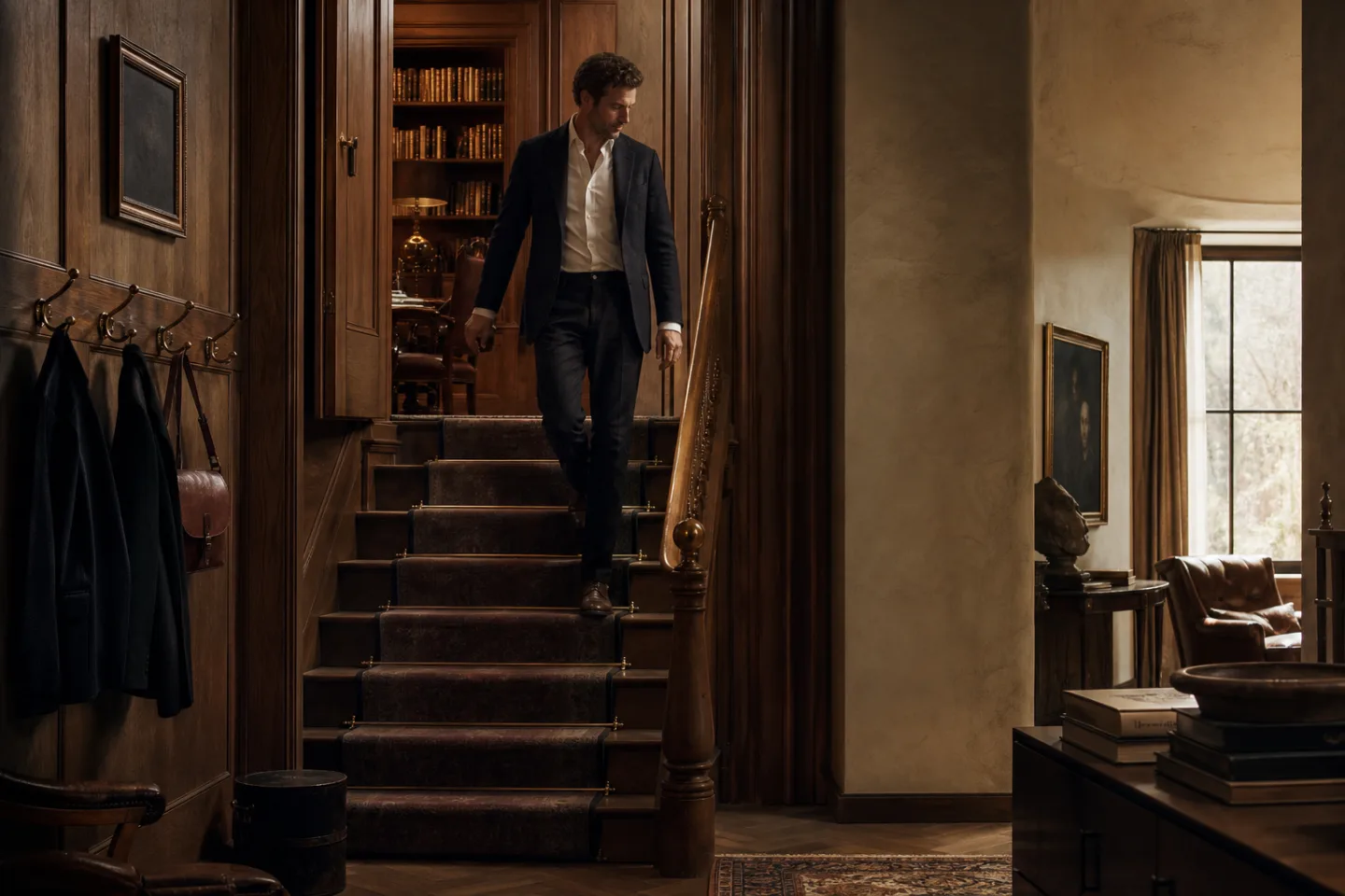 A composed man descending an old oak staircase from a private study into a softly lit public room.