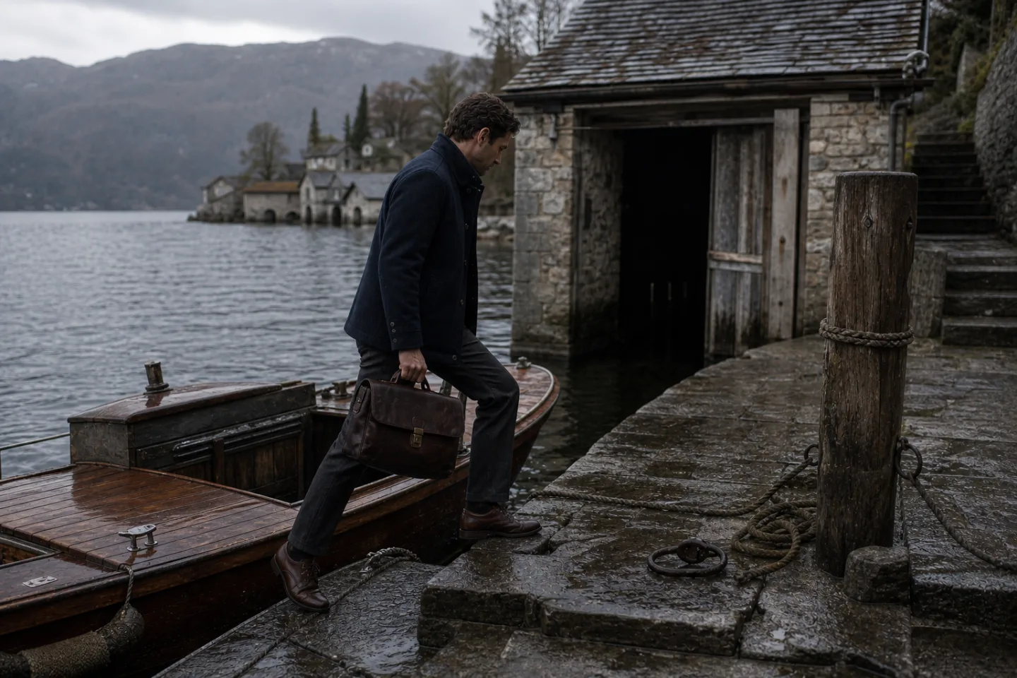 A mahogany launch arriving at a stone landing on an alpine lake as a man steps onto the dock with a leather bag.