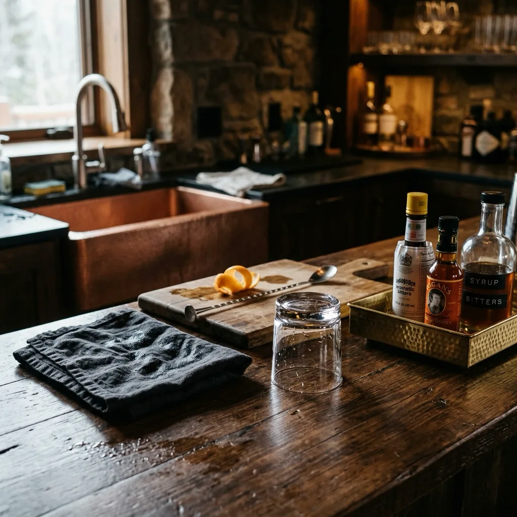 After-hosting Old Fashioned cleanup with rinsed glass, towel, citrus, and bar tools
