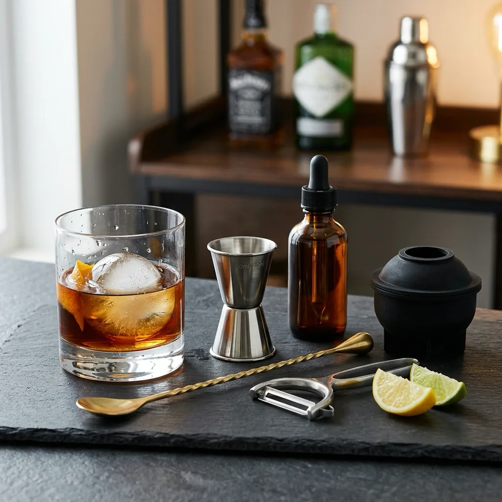 A vetted Old Fashioned source kit with glassware, jigger, spoon, bitters, citrus peeler, ice mold, and bottle