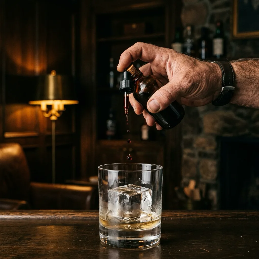 Bitters being dashed into an Old Fashioned without visible branding