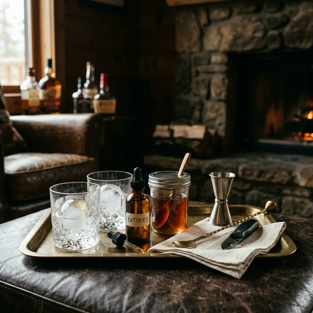 Prepared home bar tray with bitters, syrup, citrus peeler, spoon, jigger, napkin, and rocks glasses
