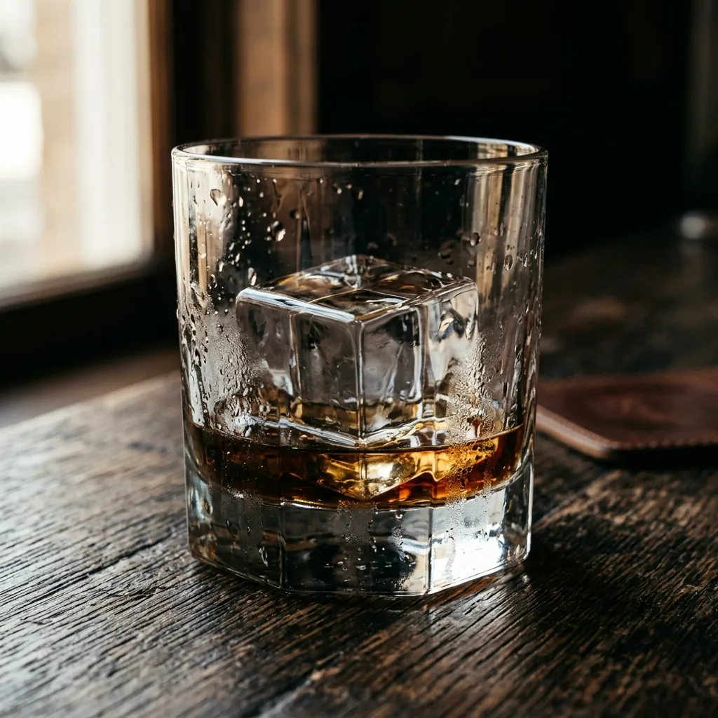 Close detail of a heavy rocks glass with a large clear ice cube