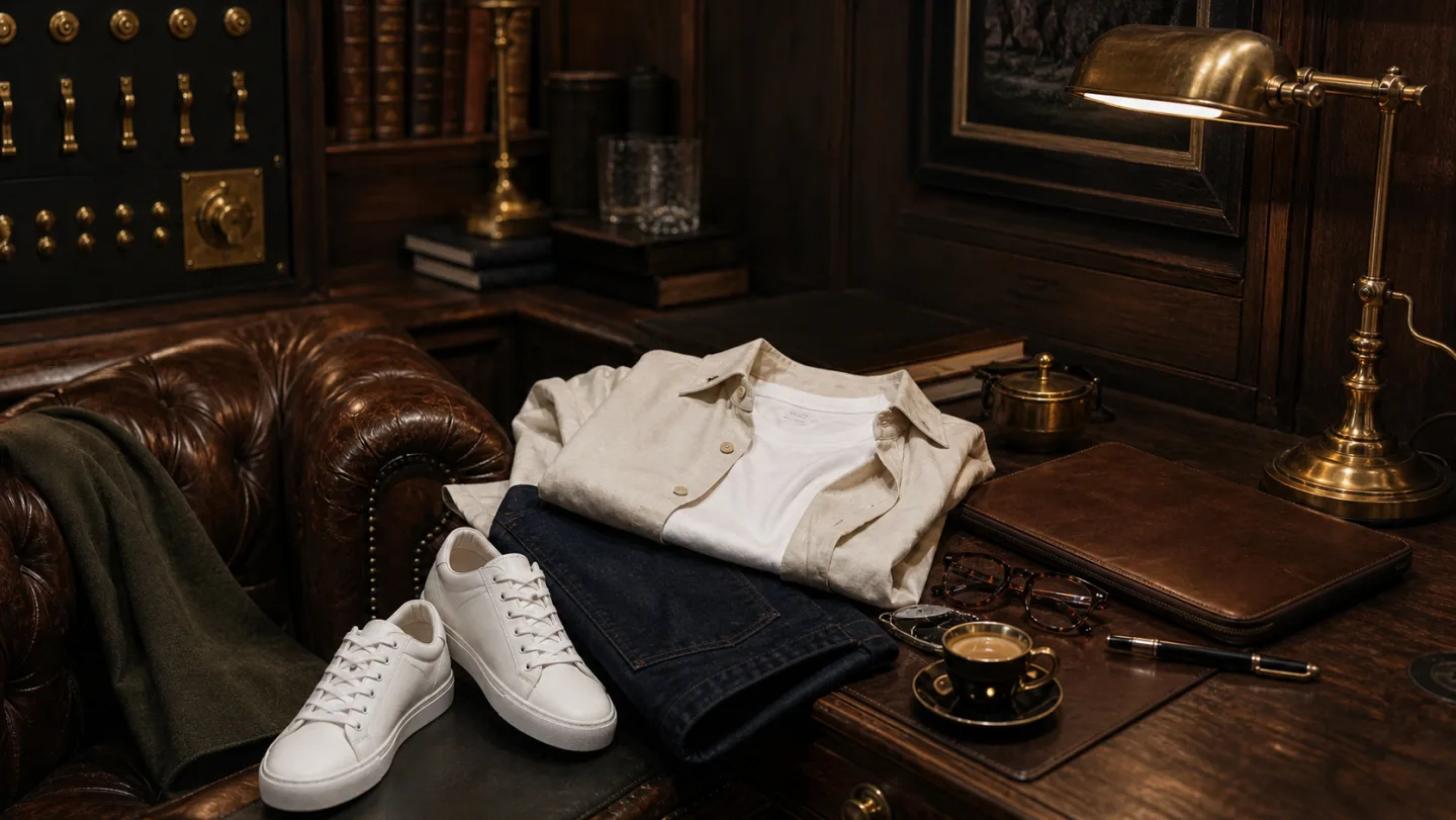 A complete casual coffee kit arranged beside a writing desk and espresso.