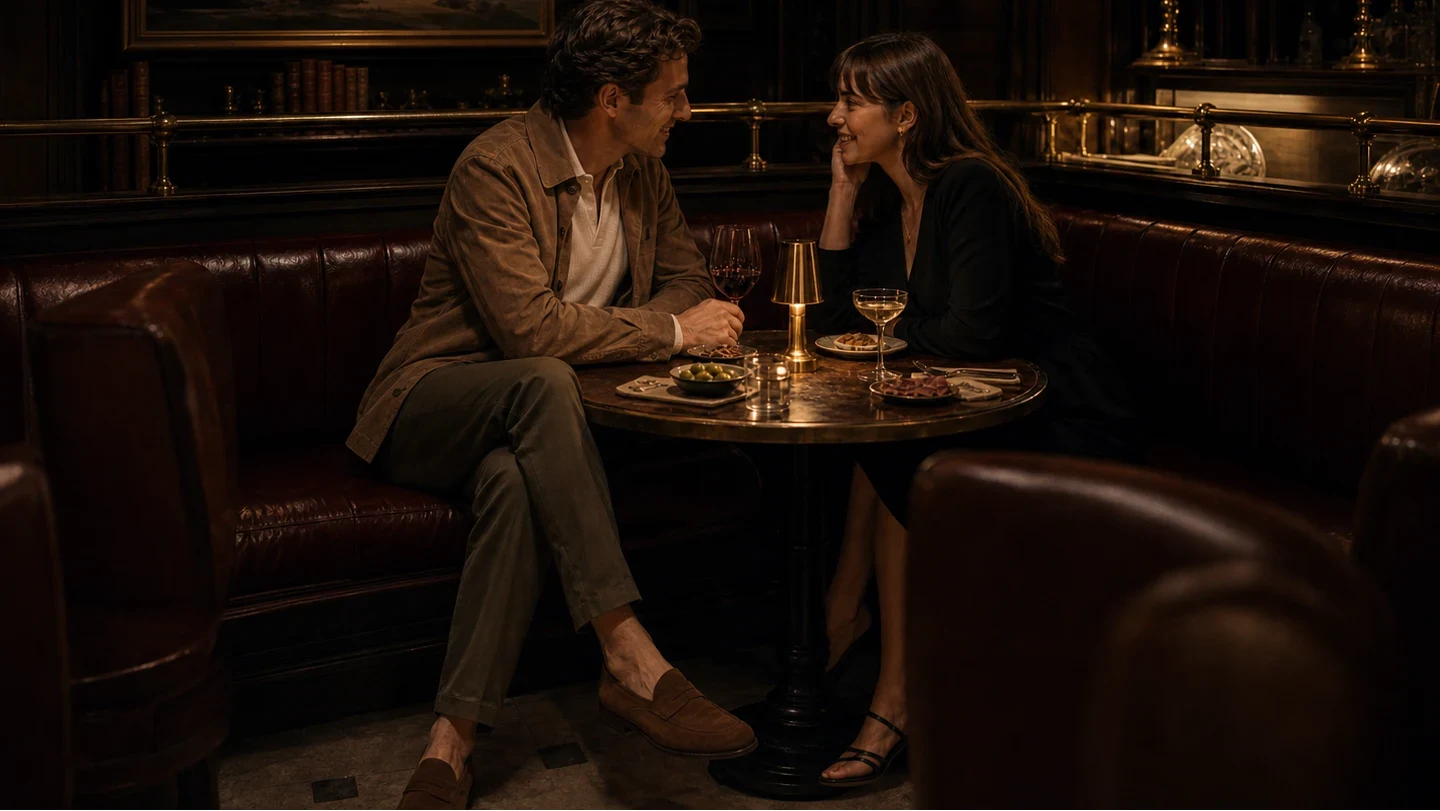 The complete First Date kit worn in a warm booth: sand suede overshirt, ecru knit polo, olive trousers, and tobacco suede loafers.