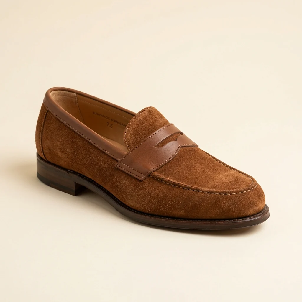 Tobacco-brown suede penny loafer product photo