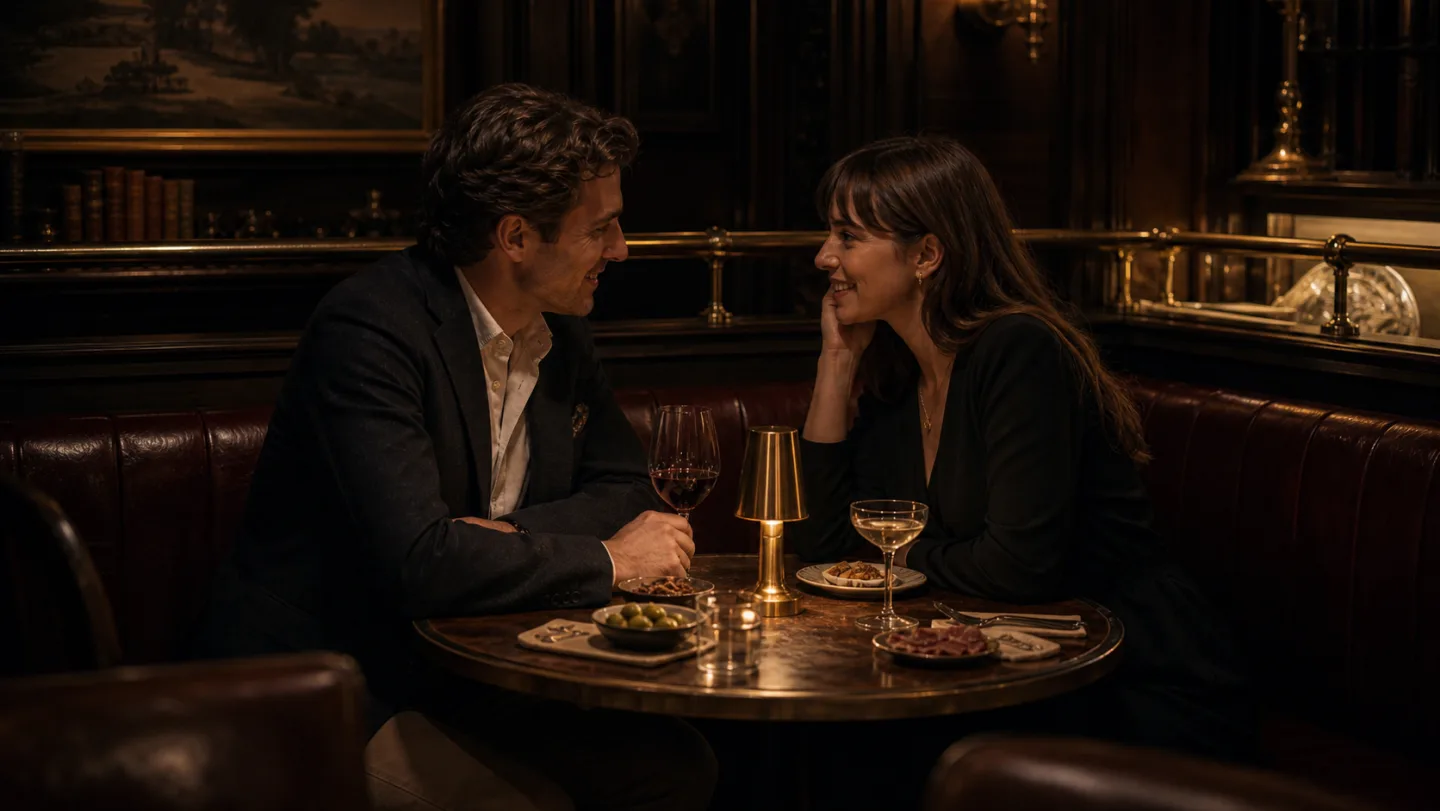 A first date in a dark booth with warm brass light and two people in quiet conversation.