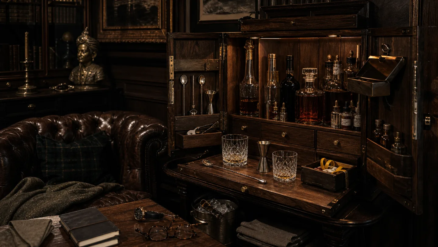 A complete home bar arranged inside a dark oak drinks cabinet.