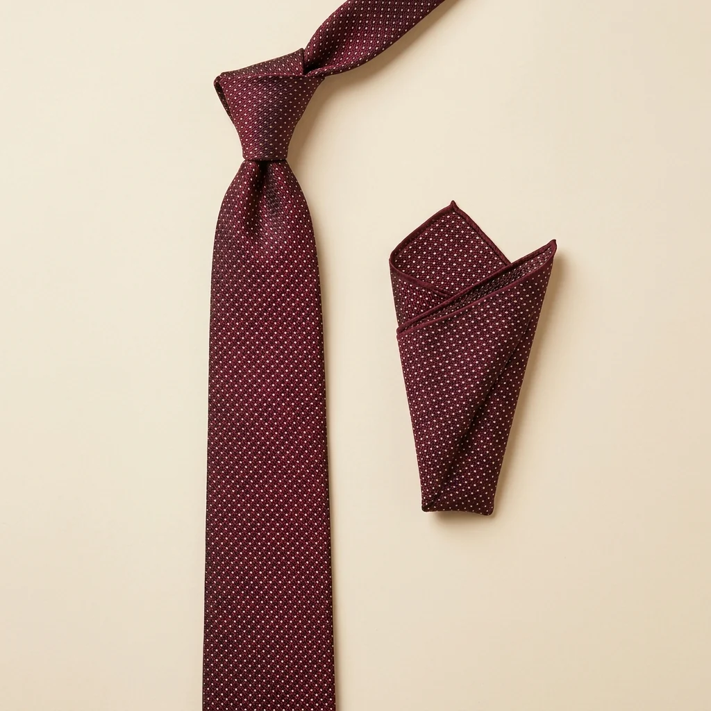 Burgundy small-pattern silk tie and pocket square product photo