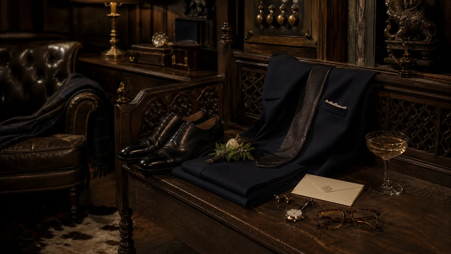 A complete wedding guest kit arranged in a dark dressing room.