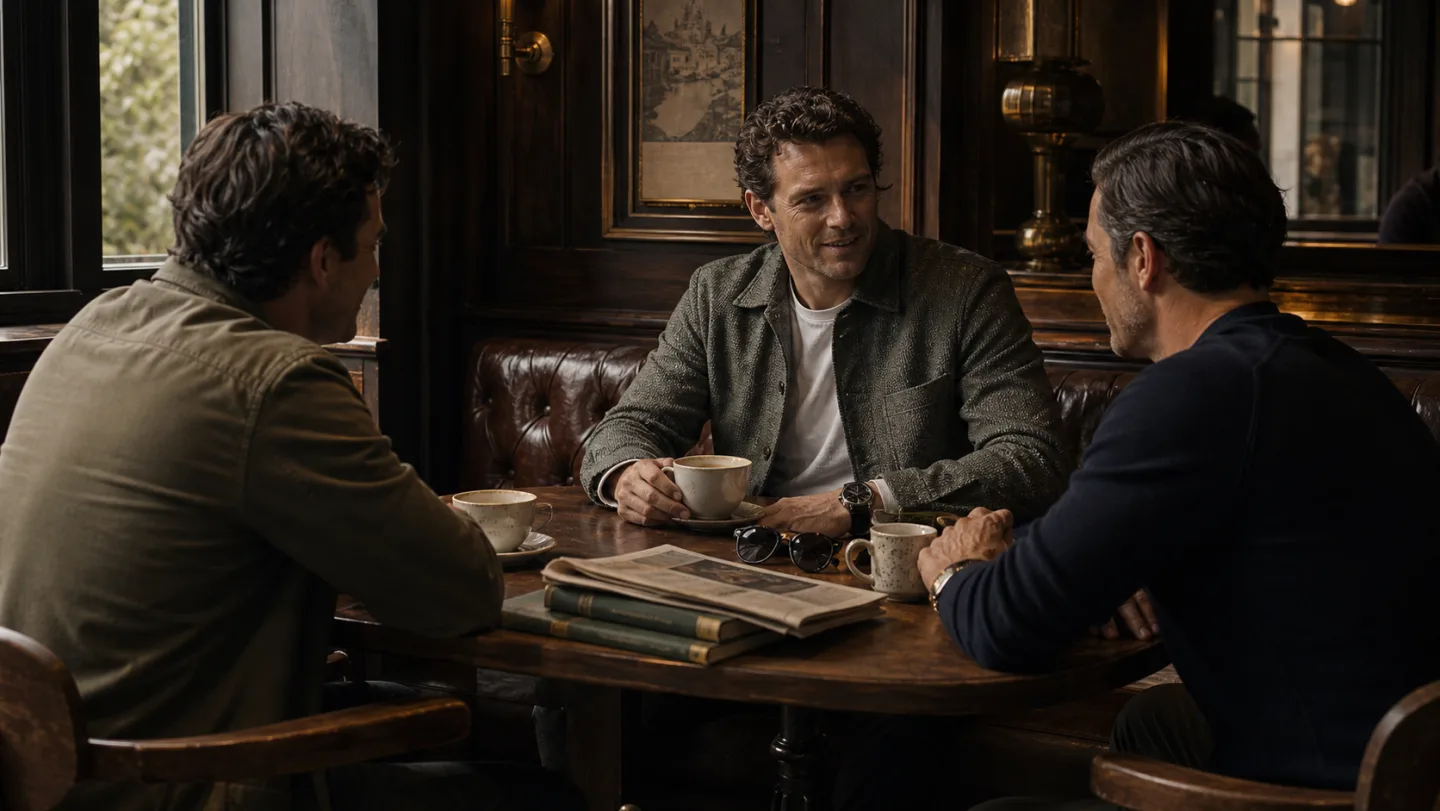 Friends in soft workwear talking over coffee in warm afternoon light.