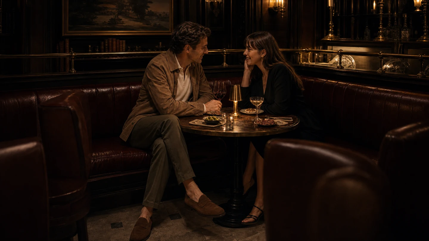 A man in a sand suede overshirt, ecru knit polo, olive trousers, and tobacco suede loafers sits with his date in a warm mahogany booth.