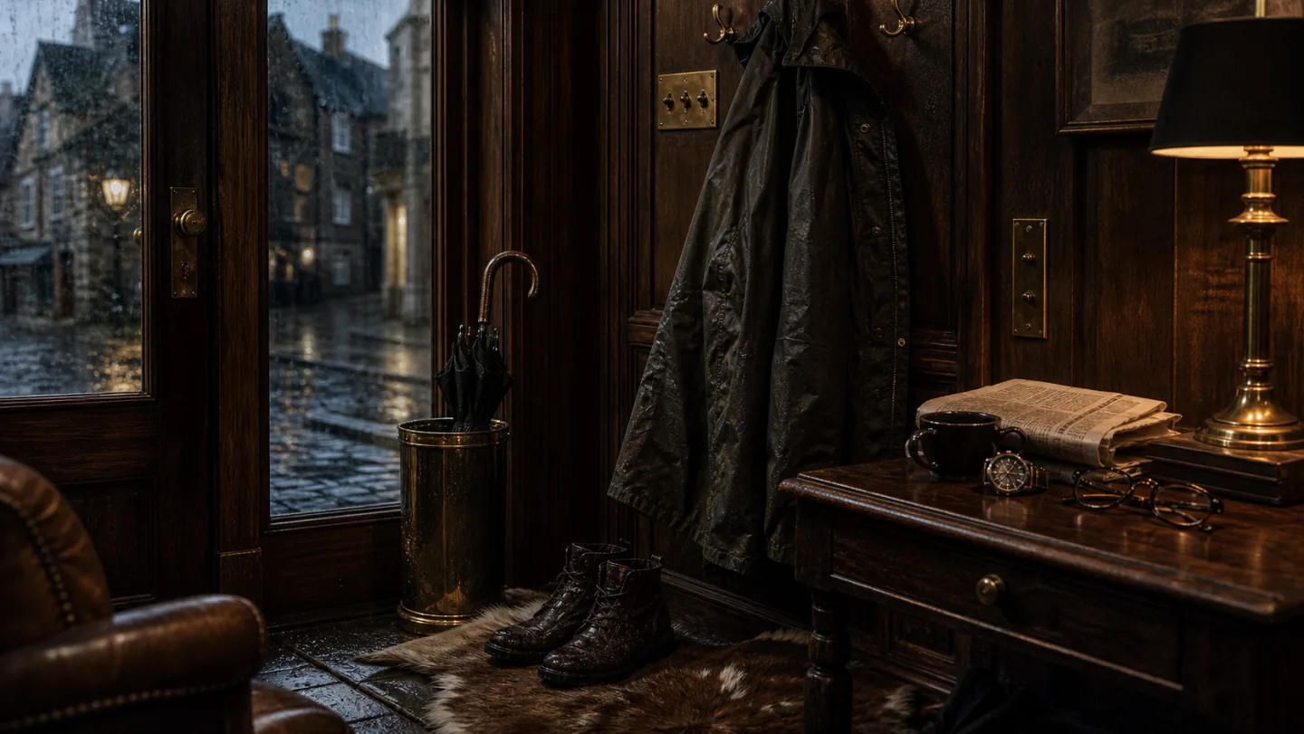 A waxed overcoat, umbrella, and storm boots waiting beside a rain-streaked lodge entrance.