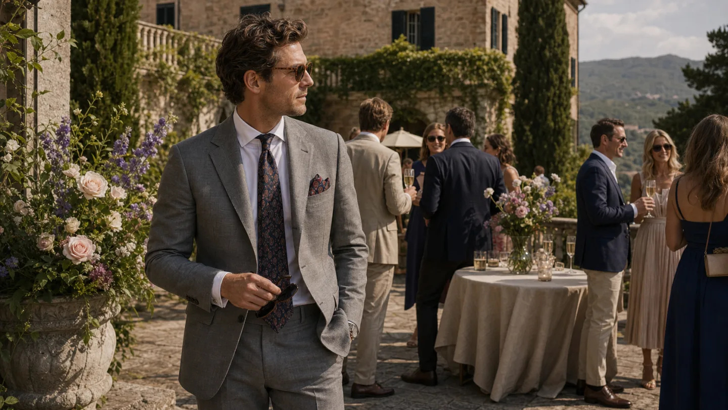 A wedding guest in a grey suit outside an old stone venue.
