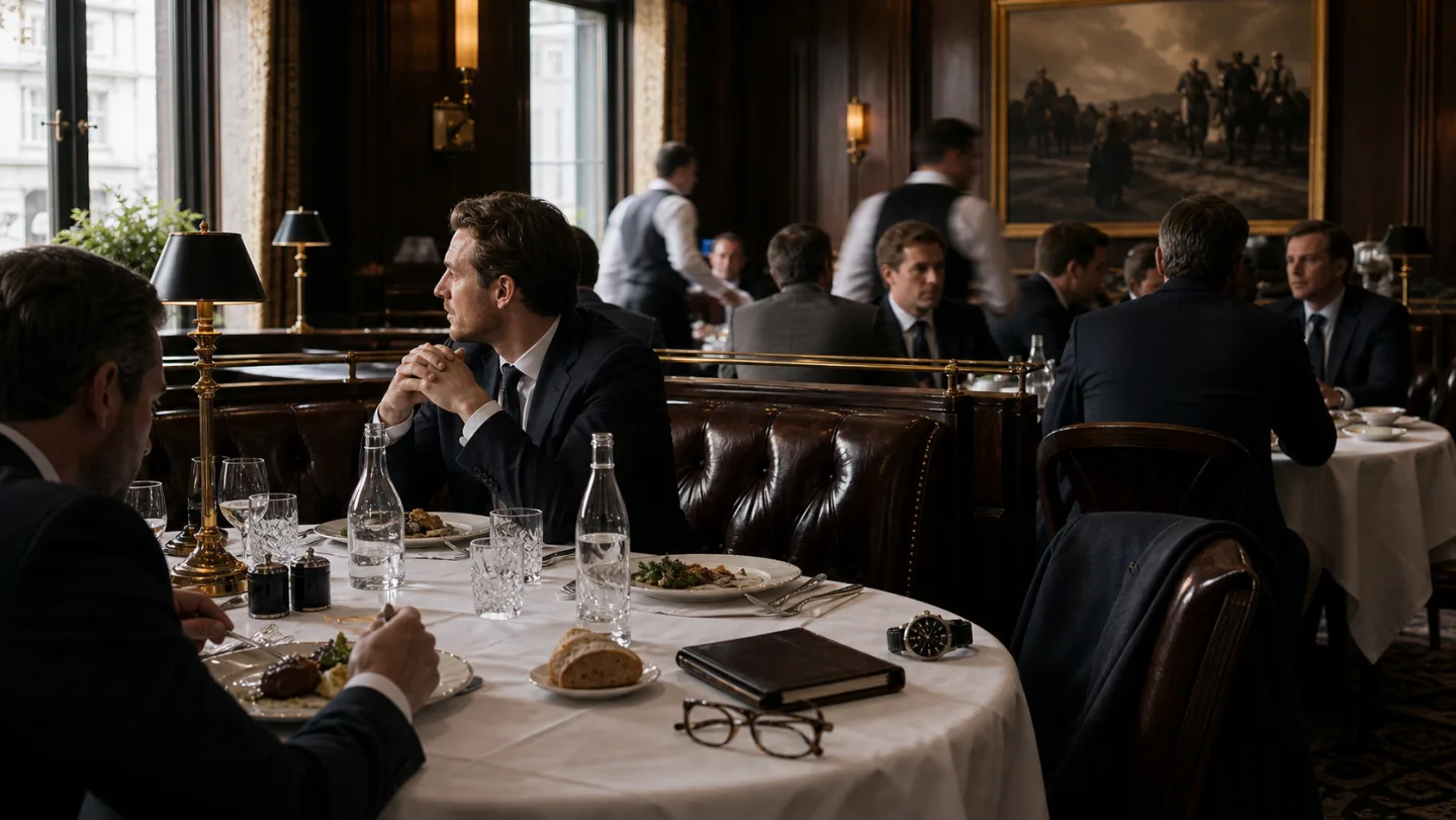 A quiet work dinner table with a navy jacket, notebook, watch, and low glass.